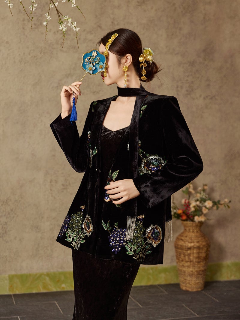 Yailla New Versatile Chinese Style High-End Velvet Top for Autumn and Winter Sequined Embroidery Mulberry Silk Design Elegant and Sophisticated Women'S Coat Niche Design Tang Coat Suit - Image 4